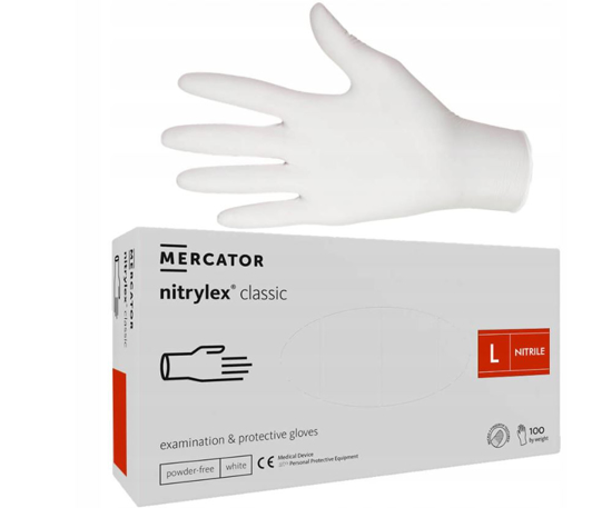 Obrazek Rękawiczki nitrylowe BIAŁE L 100 szt. Mercator Nitrylex WHITE CLASSIC L 100 szt.